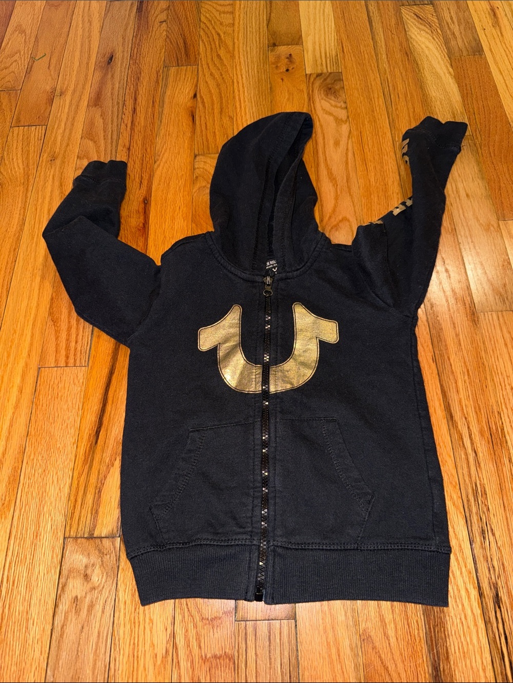 True Religion Black Kids Zip Hoodie with Metallic Gold Logo
